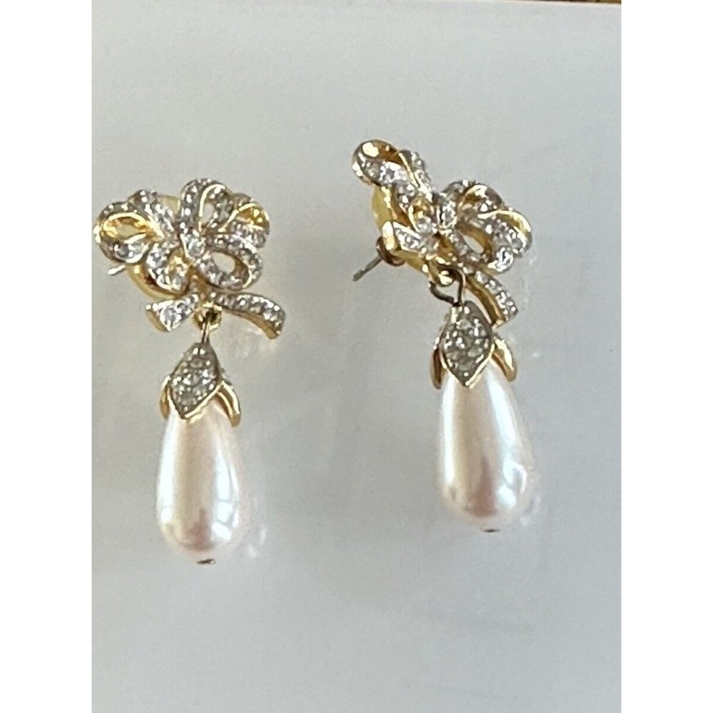 Vintage Faux Dangle Pearl Rhinestones Gold Tone Ribbon Earrings Special Event - Picture 2 of 8